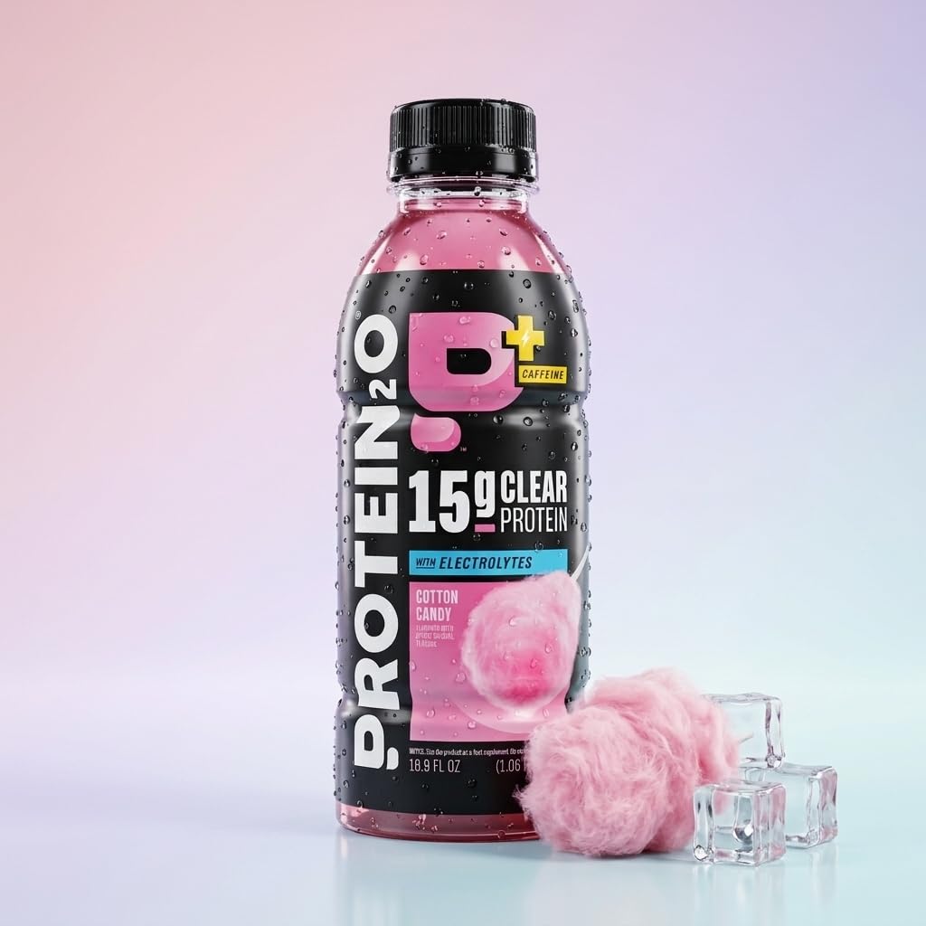 Protein2o 15g Whey Protein Isolate Hydration Drink Plus Energy & Focus, 350mg of Electrolytes, Vitamins B5 & B6, Sugar Free, Cotton Candy, 16.9 oz Bottle (Pack of 12)