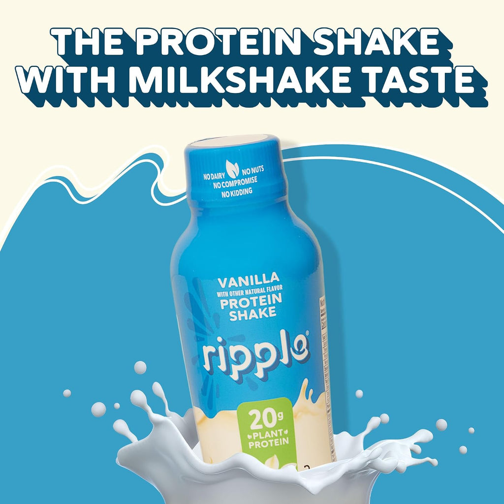 Ripple Vanilla Plant Based Protein Shake | 20g of Quality Sourced Pea Protein, Calcium & Iron Rich | Shelf Stable | Vegan & Non GMO | Dairy, Soy, Nut, & Gluten Free | 12 Fl Oz Bottles (Pack of 12)