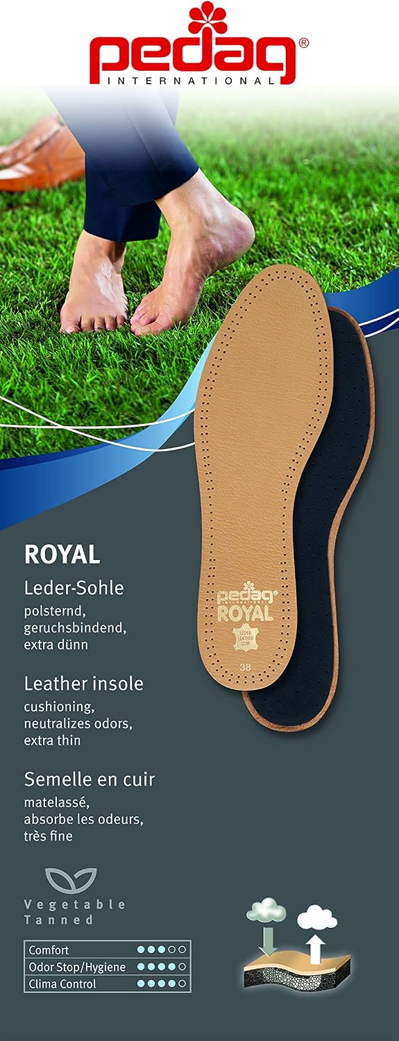 Pedag Royal | Genuine Lambskin Leather Insoles | Made in Germany | Vegetable-Tanned Leather | Activated Carbon for Anti-Odor | Latex Foam Padding | Thin & Absorbent | US Women 9/ EU 39 | Tan