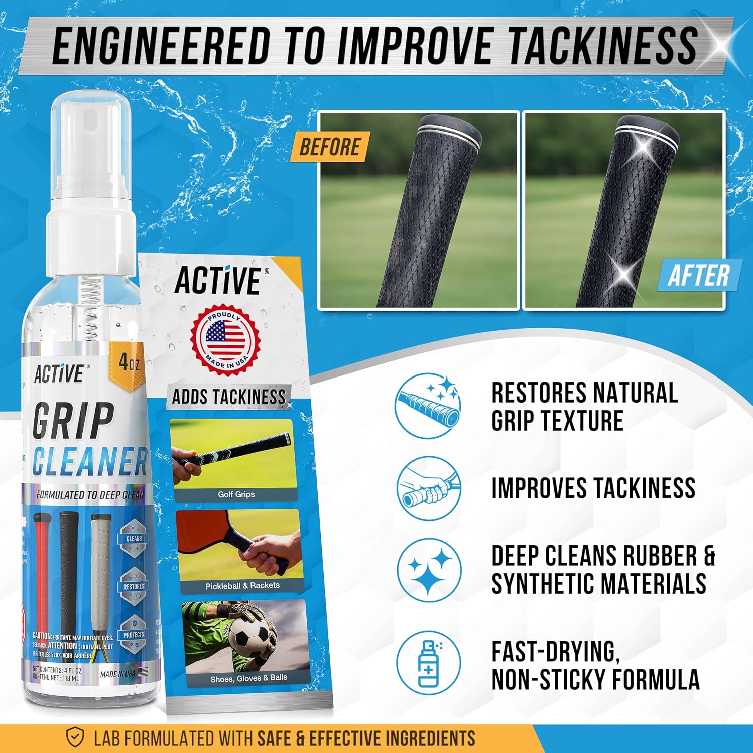 ACTIVE Grip Cleaner & Restore Spray - 2-in-1 Grip Spray for Basketball Shoes, Golf Club Cleaner, Pickleball Paddle Reset, Football Glove Boost, Volleyball Shoe Traction, Remove Oil, Dirt & Sweat - 4oz